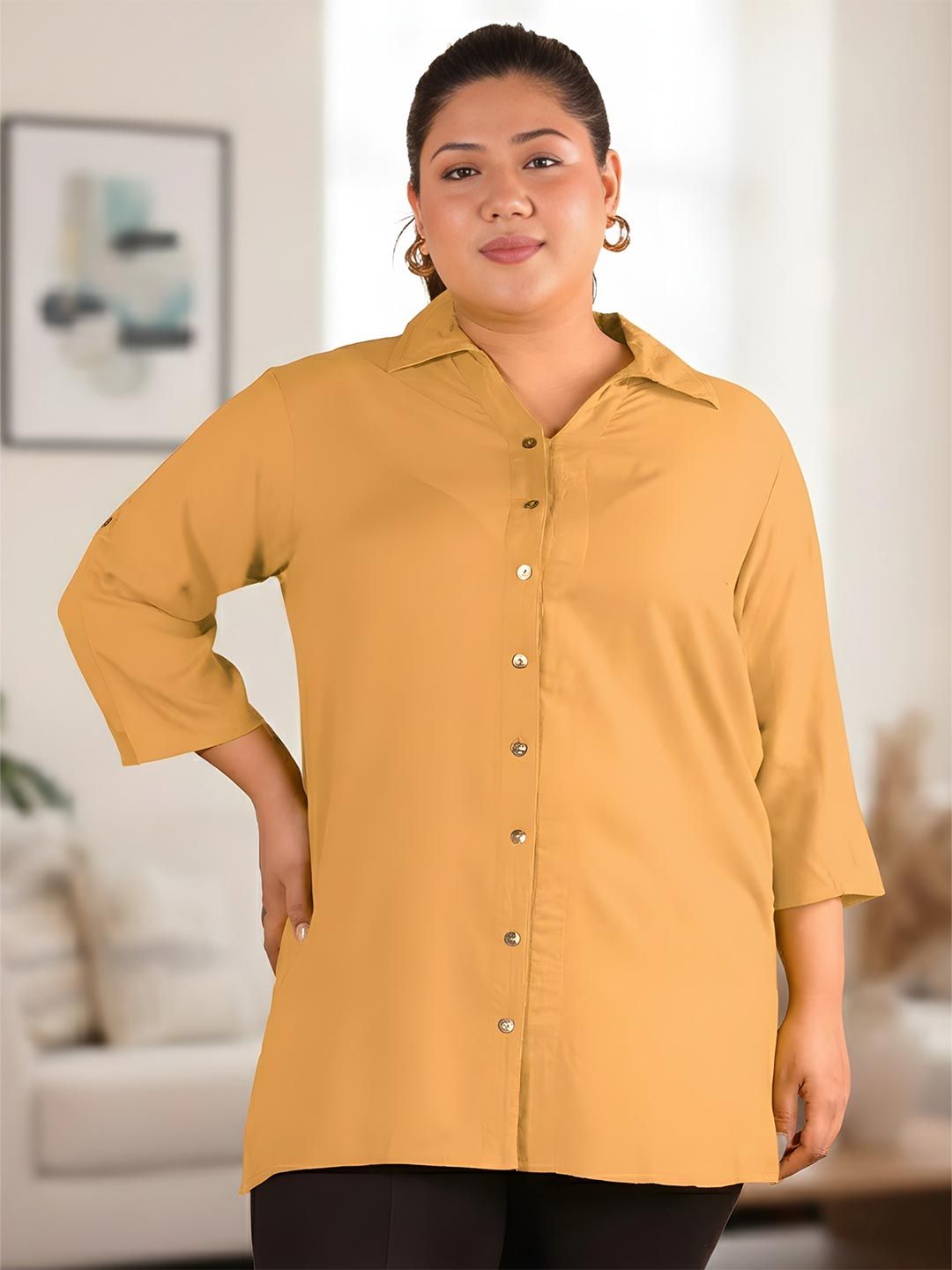 Light Brown Longline Plus Size Shirt — view 1
