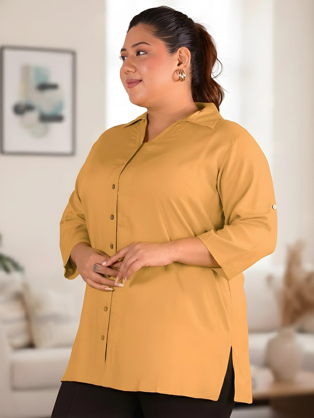 Light Brown Longline Plus Size Shirt — view 4