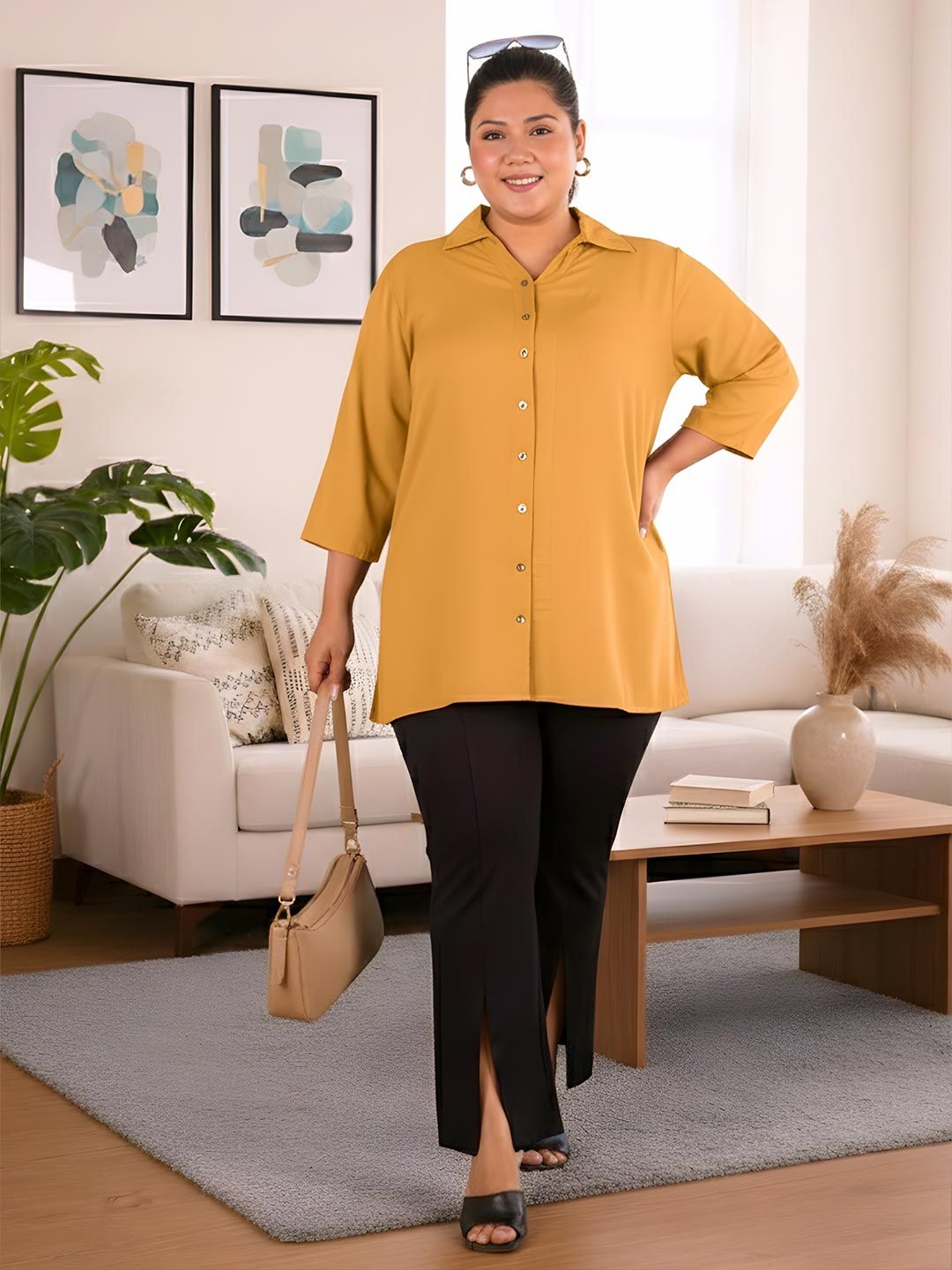 Light Brown Longline Plus Size Shirt — view 6