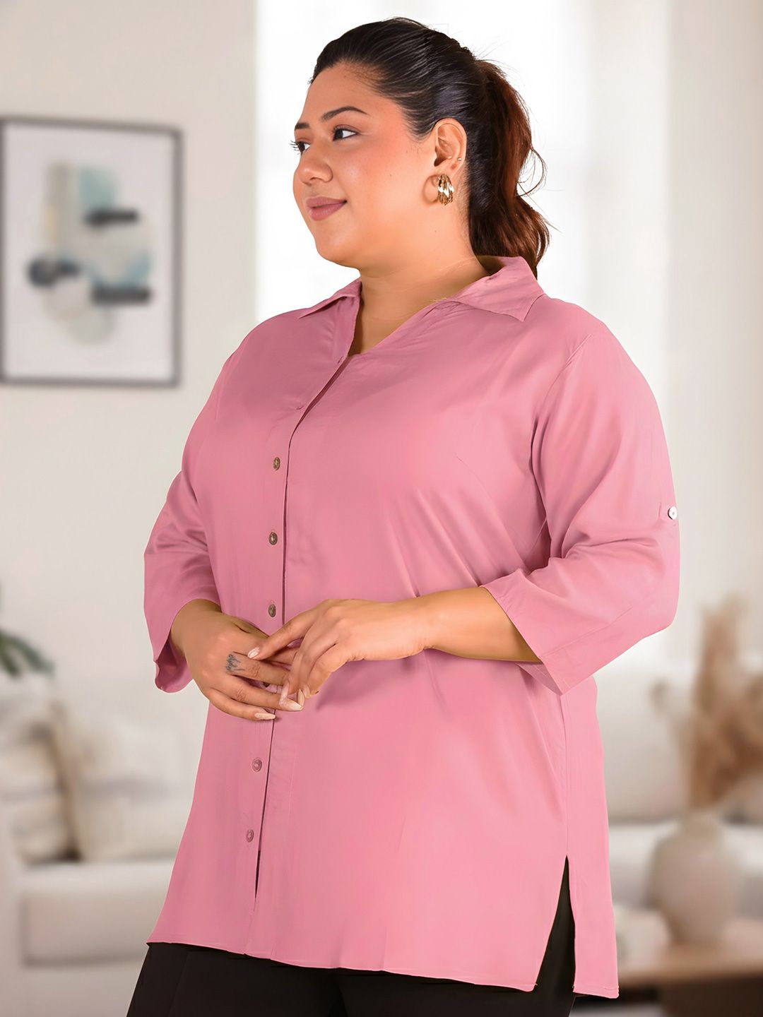 Pink Longline Plus Size Shirt — view 5