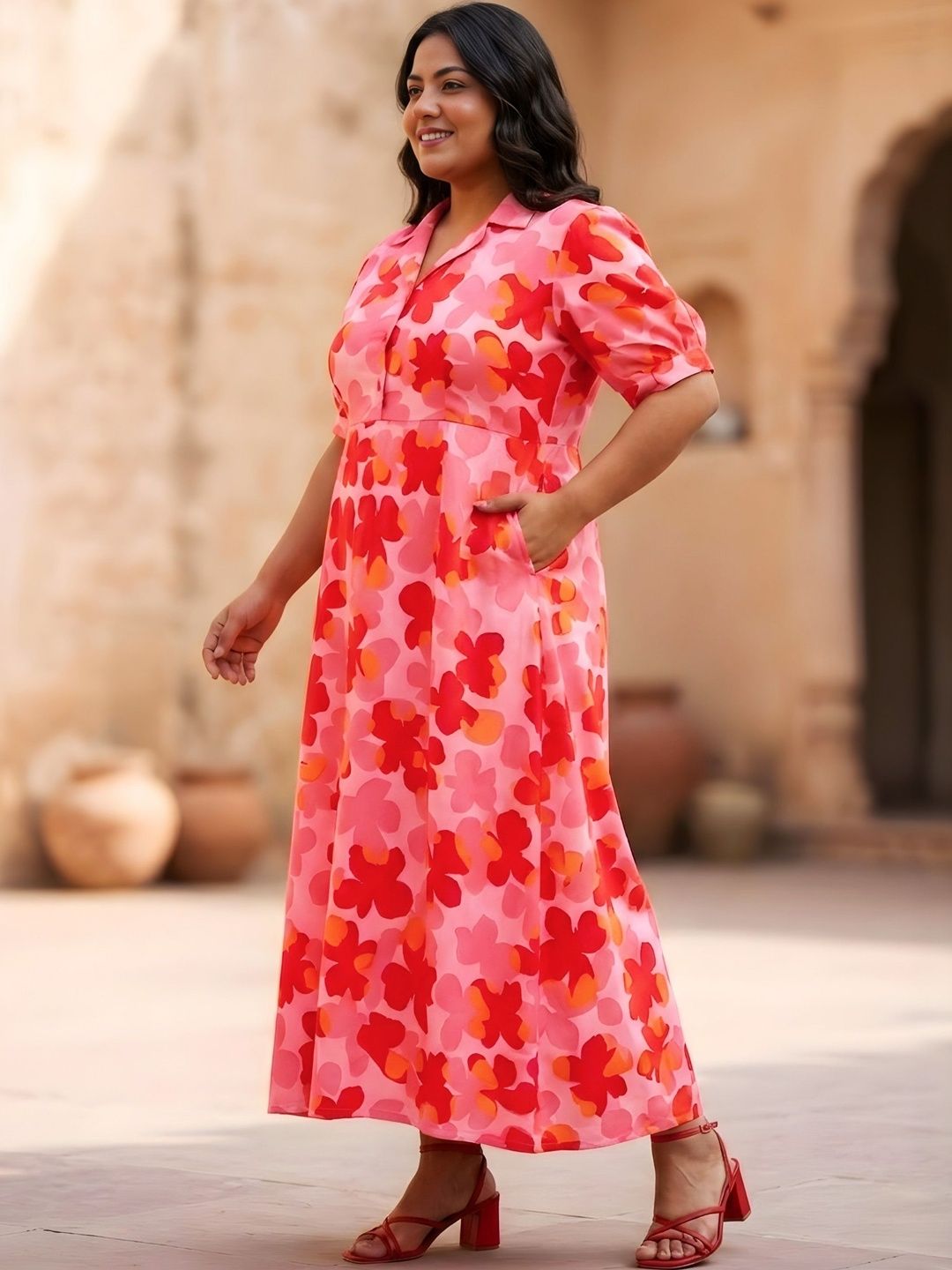 Red and Orange Floral Print Plus Size Dress — view 4