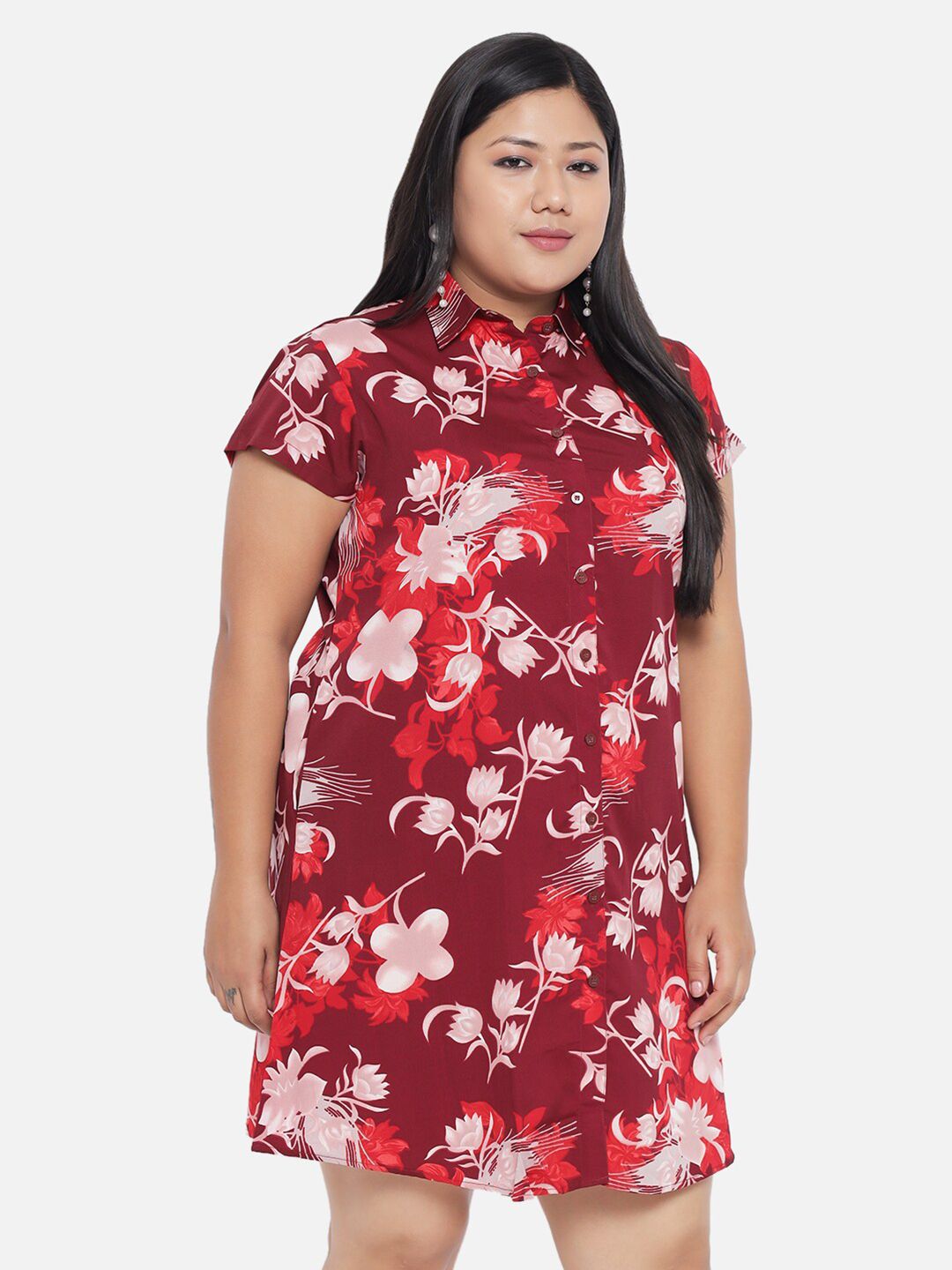 Maroon Floral Shirt Dress — view 3