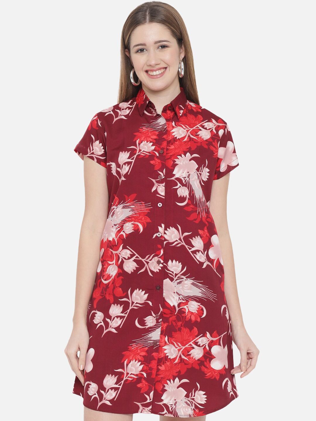 Maroon Floral Shirt Dress — view 8