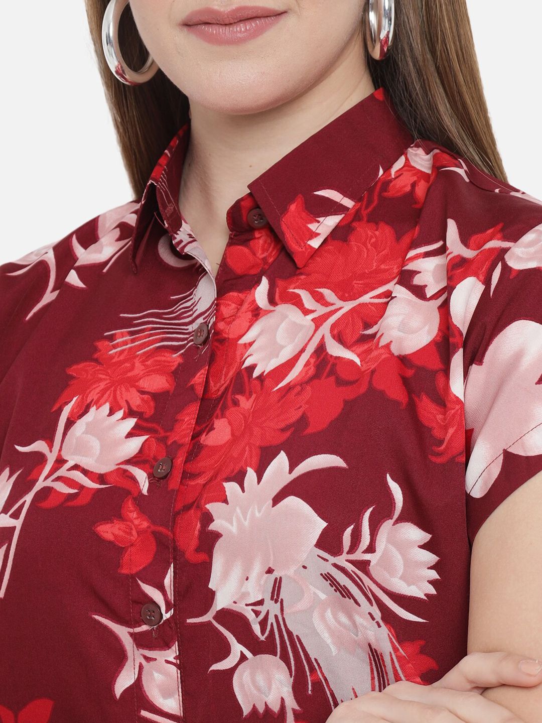 Maroon Floral Shirt Dress — view 9