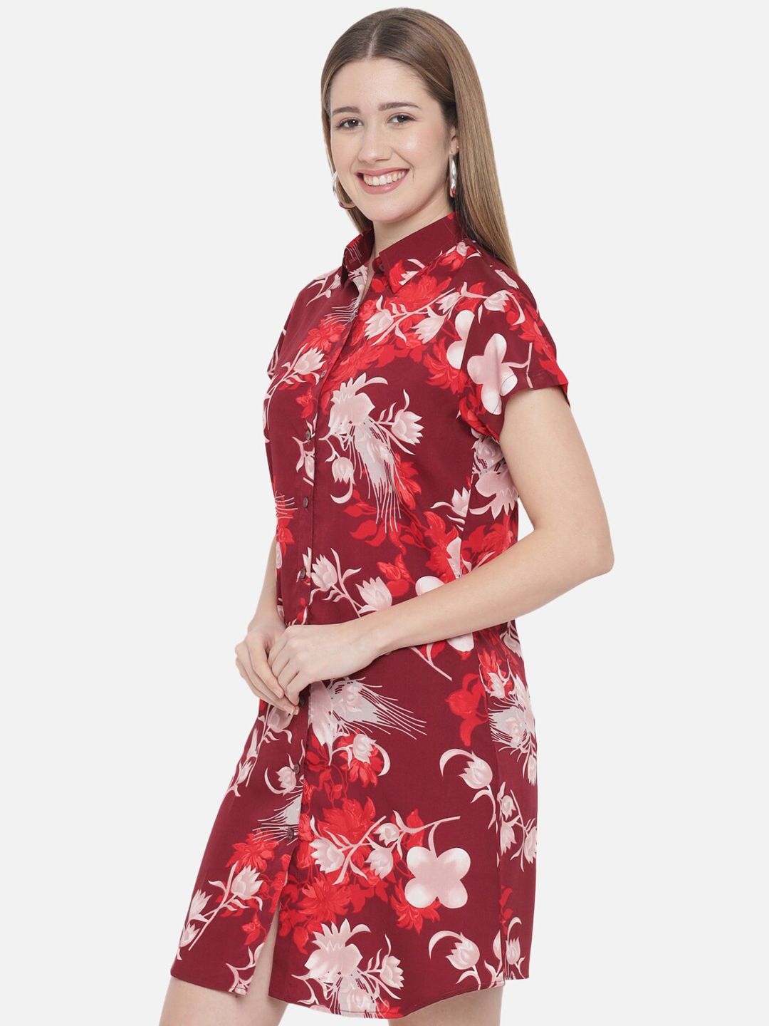 Maroon Floral Shirt Dress — view 10