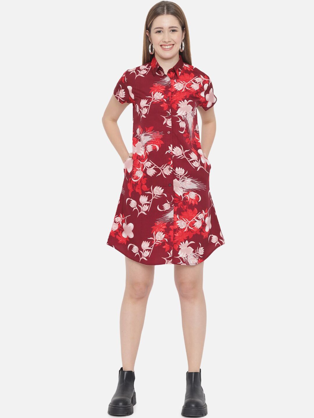 Maroon Floral Shirt Dress — view 12