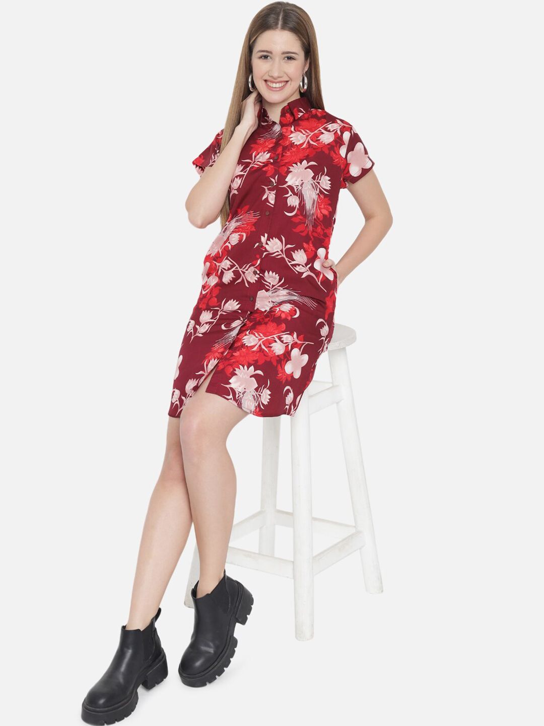 Maroon Floral Shirt Dress — view 13