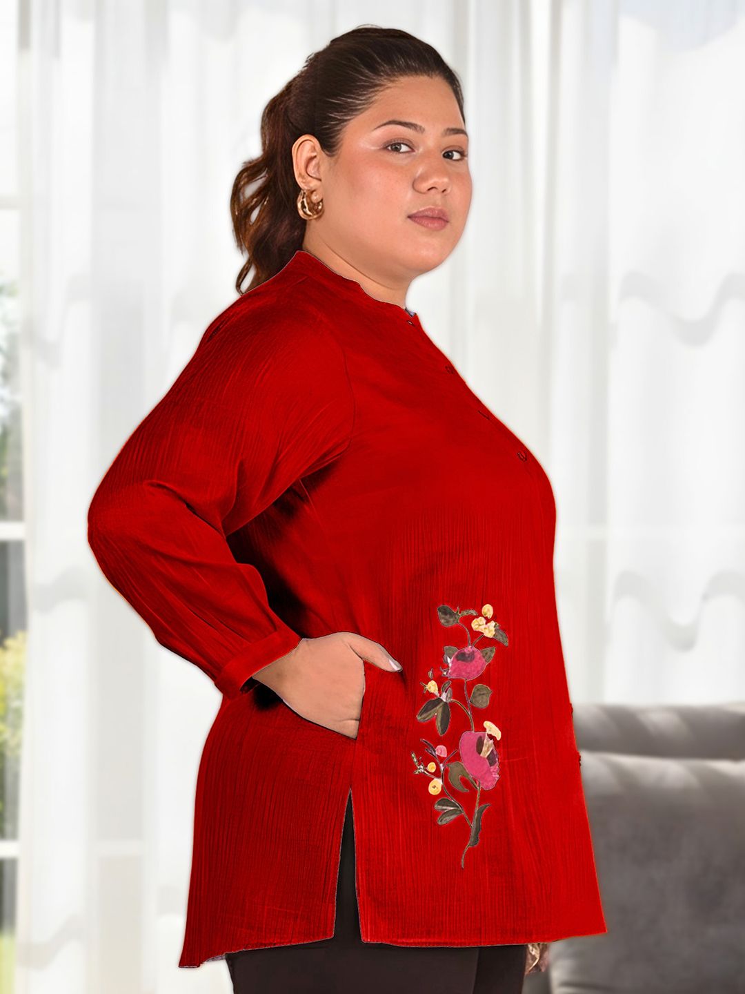 Maroon Floral Embroidered Plus Size Tunic — view 2