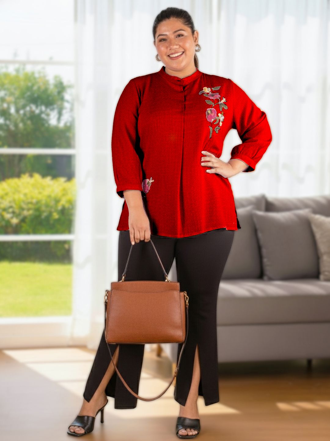 Maroon Floral Embroidered Plus Size Tunic — view 6