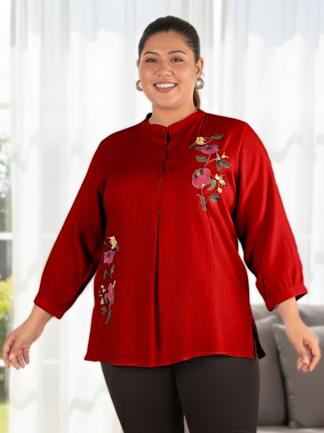 Maroon Floral Embroidered Plus Size Tunic — view 7