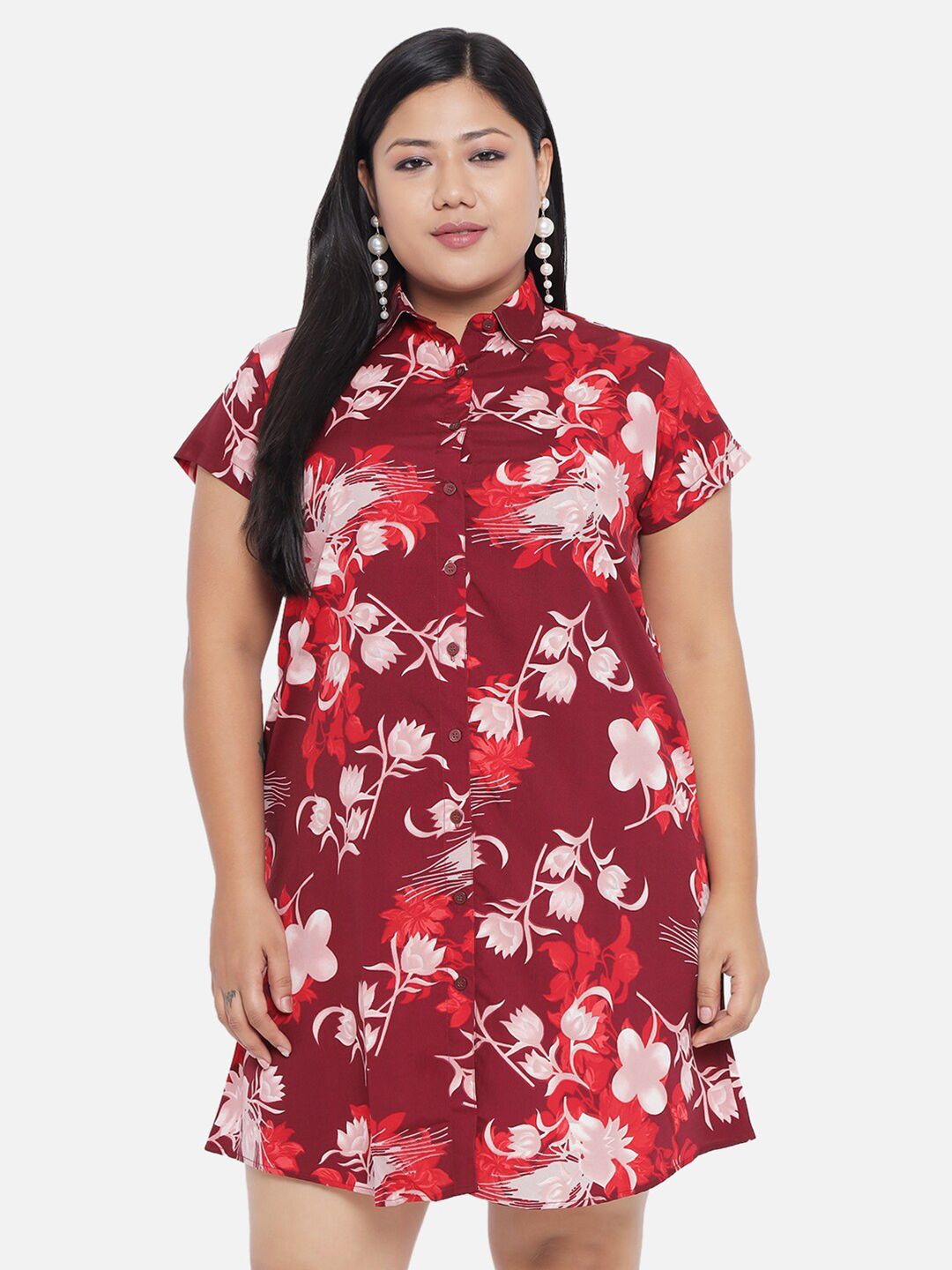 Maroon Floral Plus Size Shirt Dress — view 1