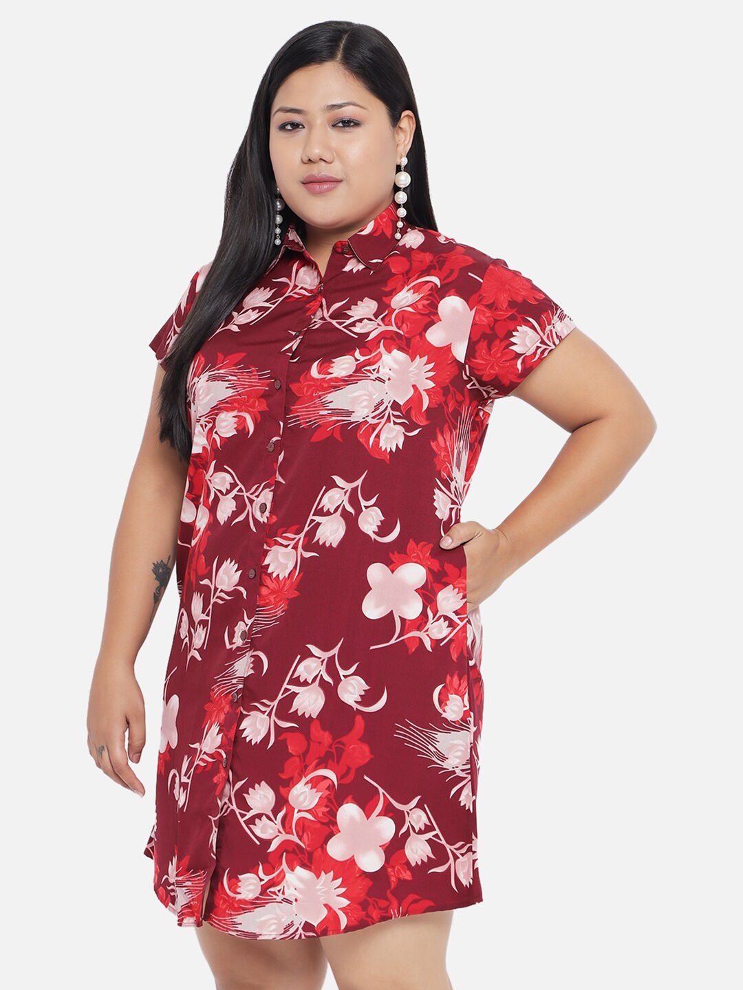 Maroon Floral Plus Size Shirt Dress — view 4