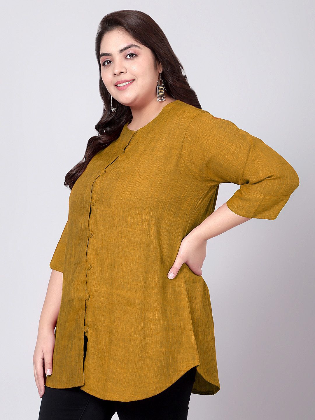 Mustard Cotton Linen Plus Size Tunic — view 4