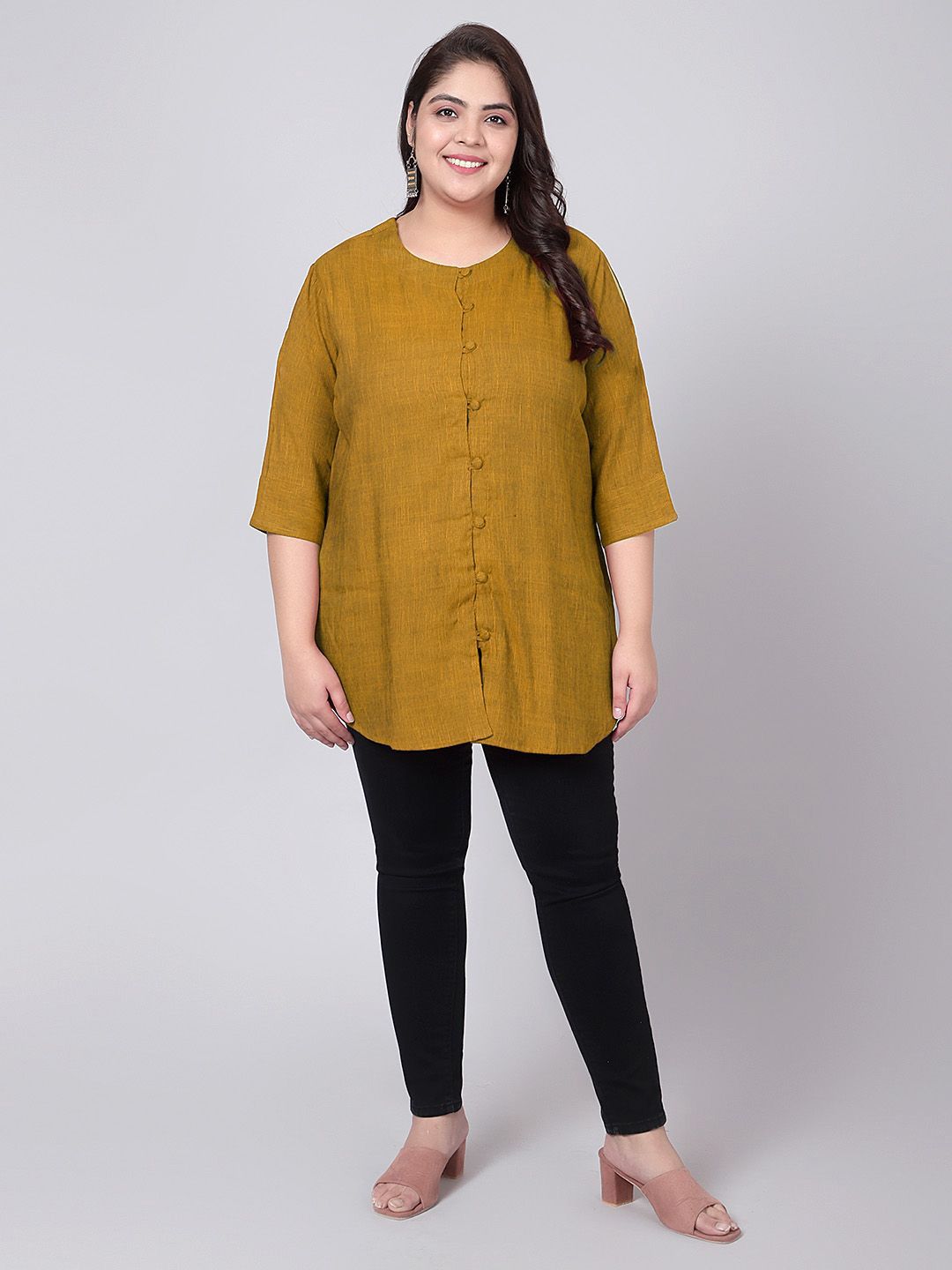 Mustard Cotton Linen Plus Size Tunic — view 7