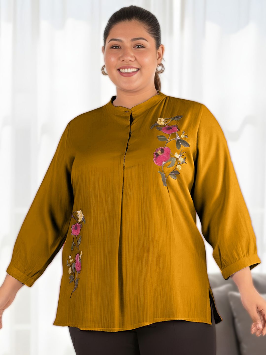 Mustard Floral Embroidered Plus Size Tunic — view 1