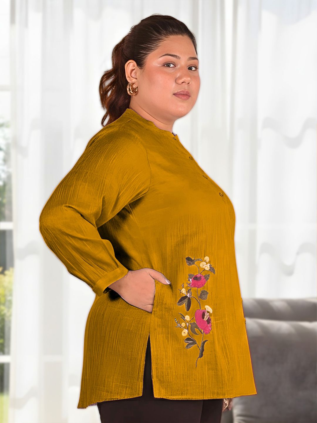 Mustard Floral Embroidered Plus Size Tunic — view 3