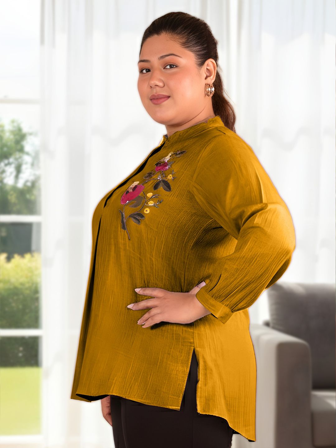Mustard Floral Embroidered Plus Size Tunic — view 4
