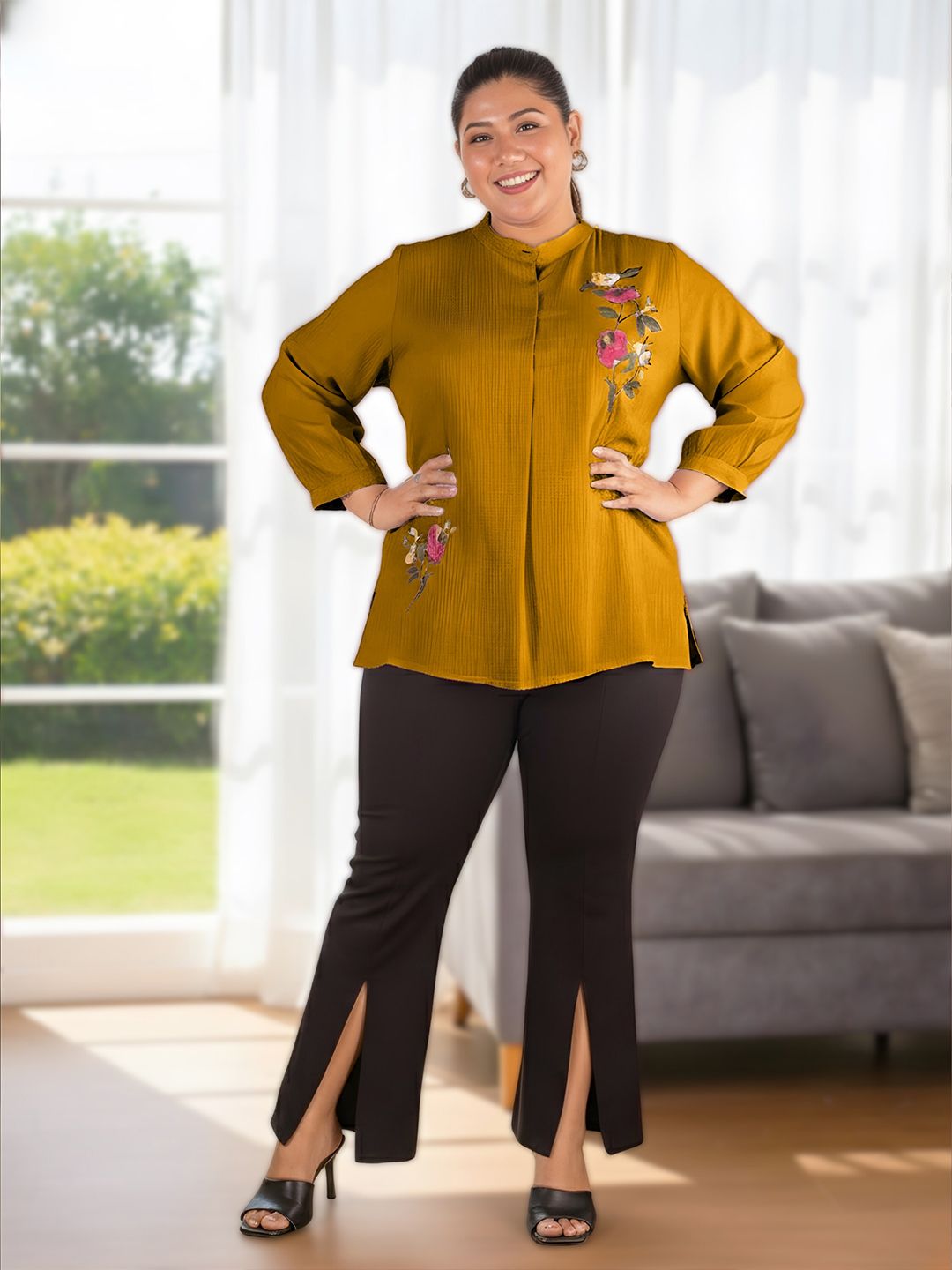 Mustard Floral Embroidered Plus Size Tunic — view 6