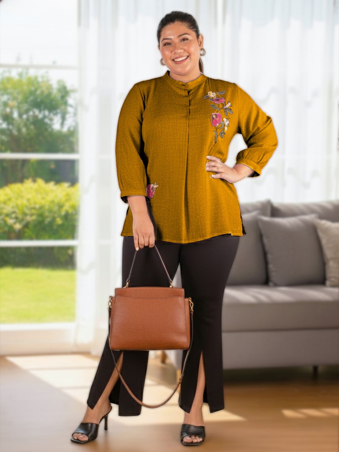Mustard Floral Embroidered Plus Size Tunic — view 7