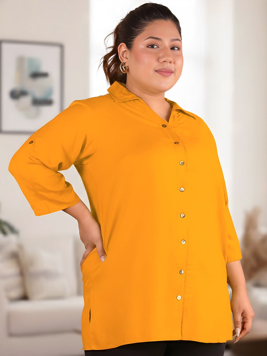 Mustard Longline Plus Size Shirt — view 4