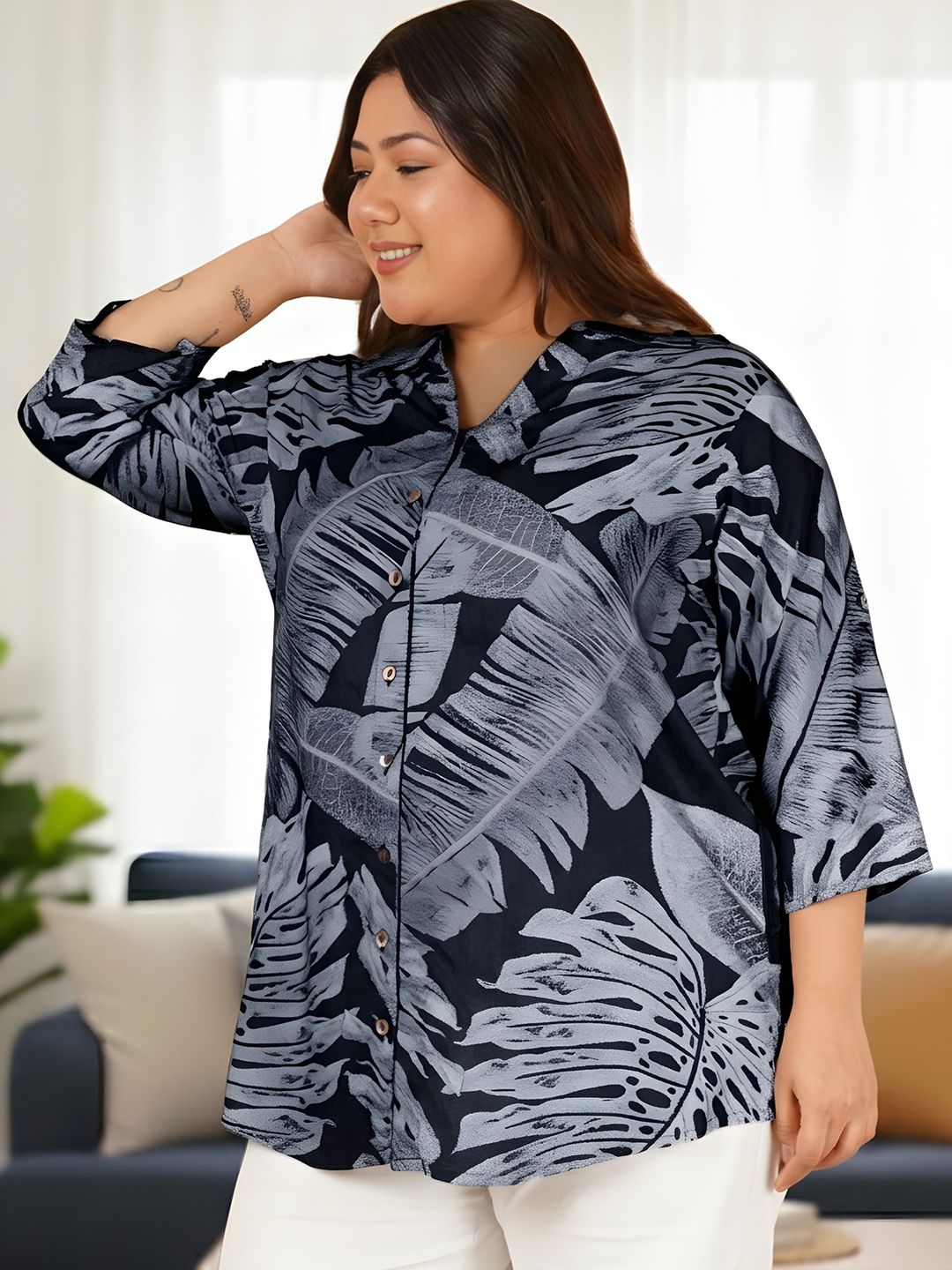 Dark Blue Leaf Print Plus Size Shirt — view 5