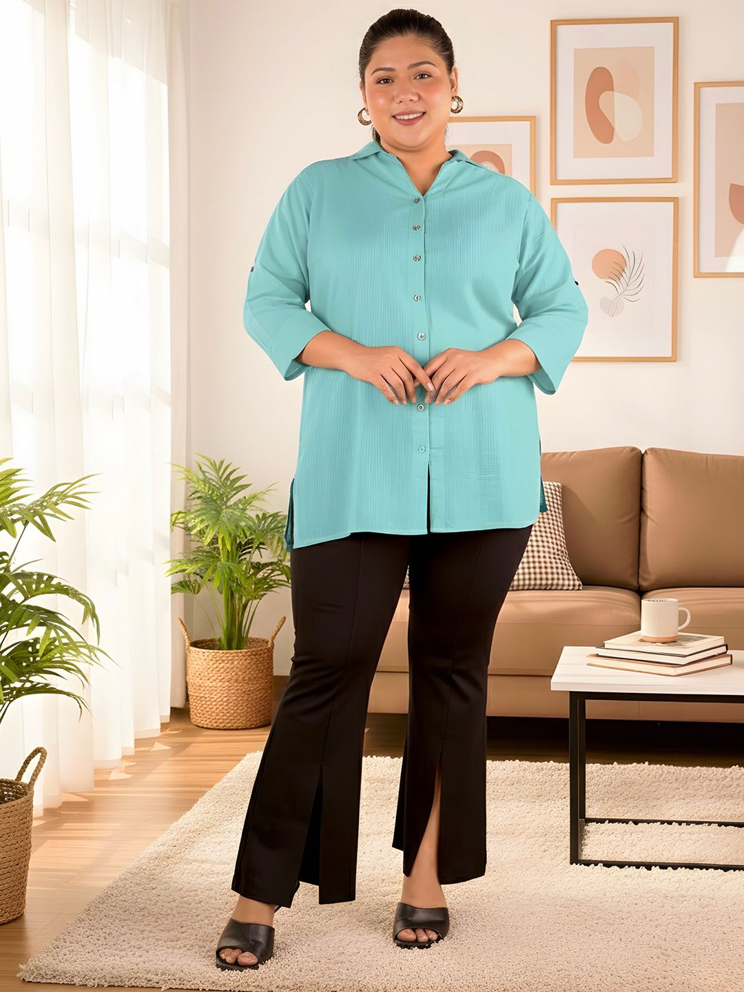 Blue Cotton Longline Plus Size Shirt — view 6