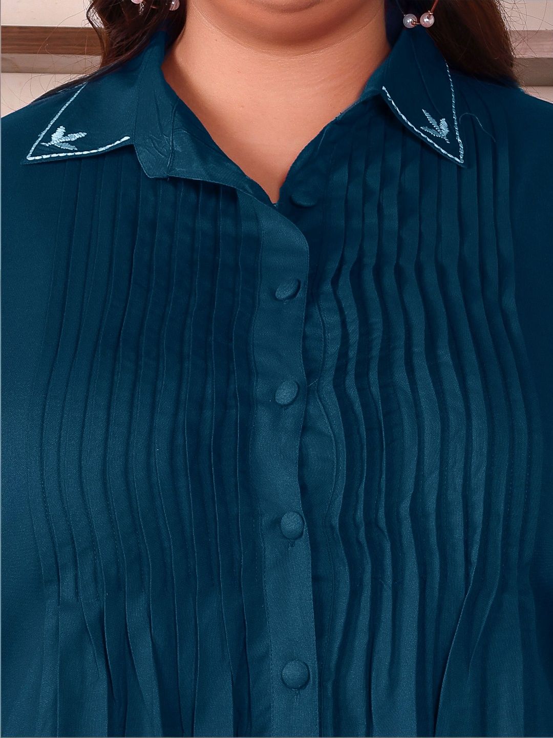Peacock Blue Rayon Collar Embroidered Tunic — view 7