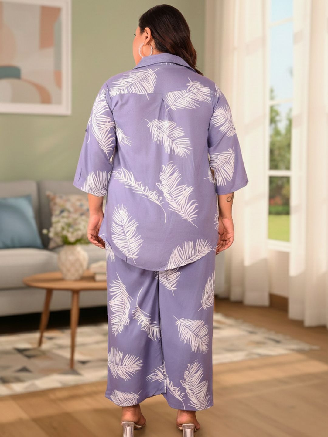 Blue Leaf Print Plus Size Co-Ord Set — view 5