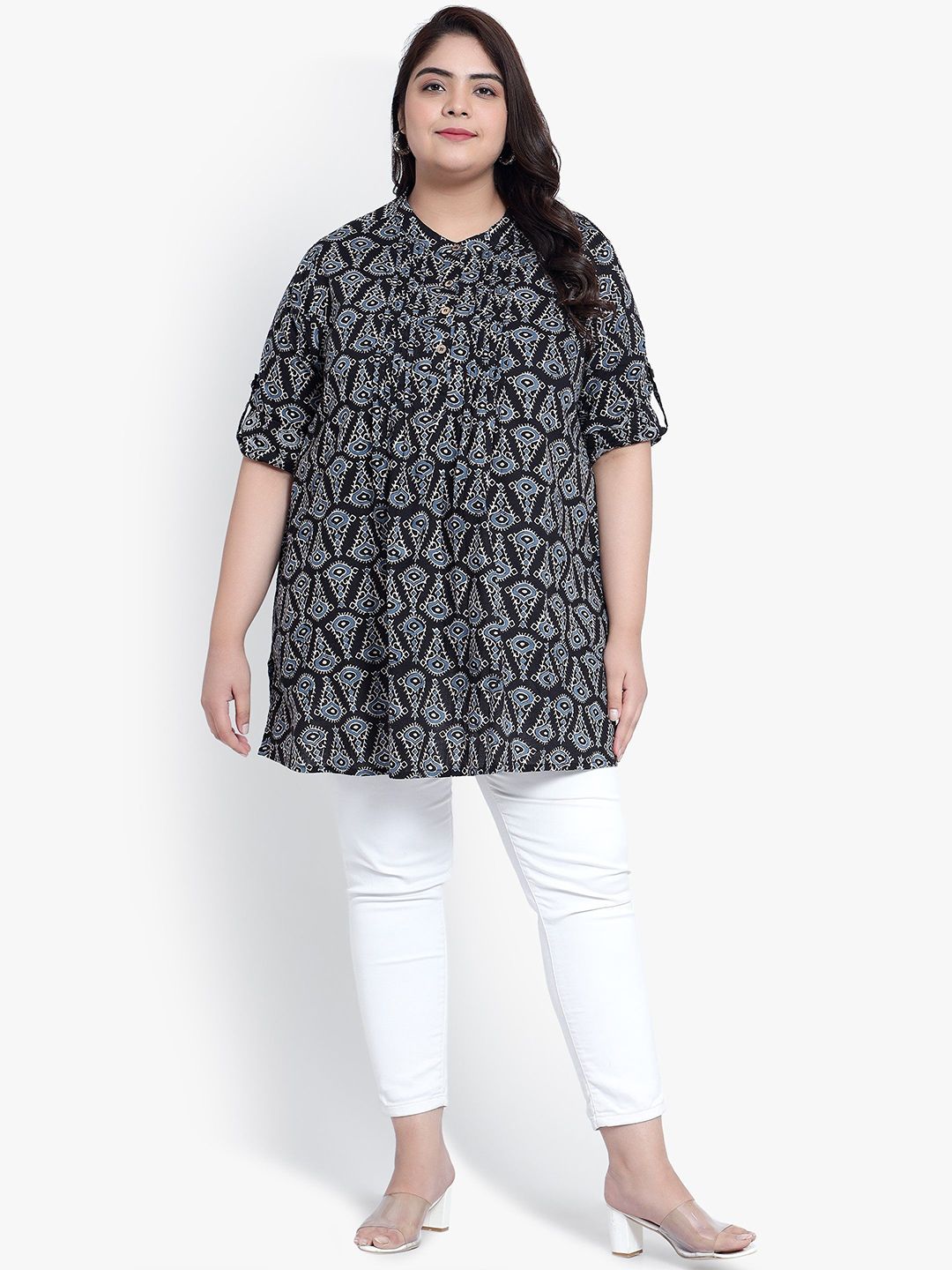 Black Geometric Print Pleat Plus Size Tunic — view 6