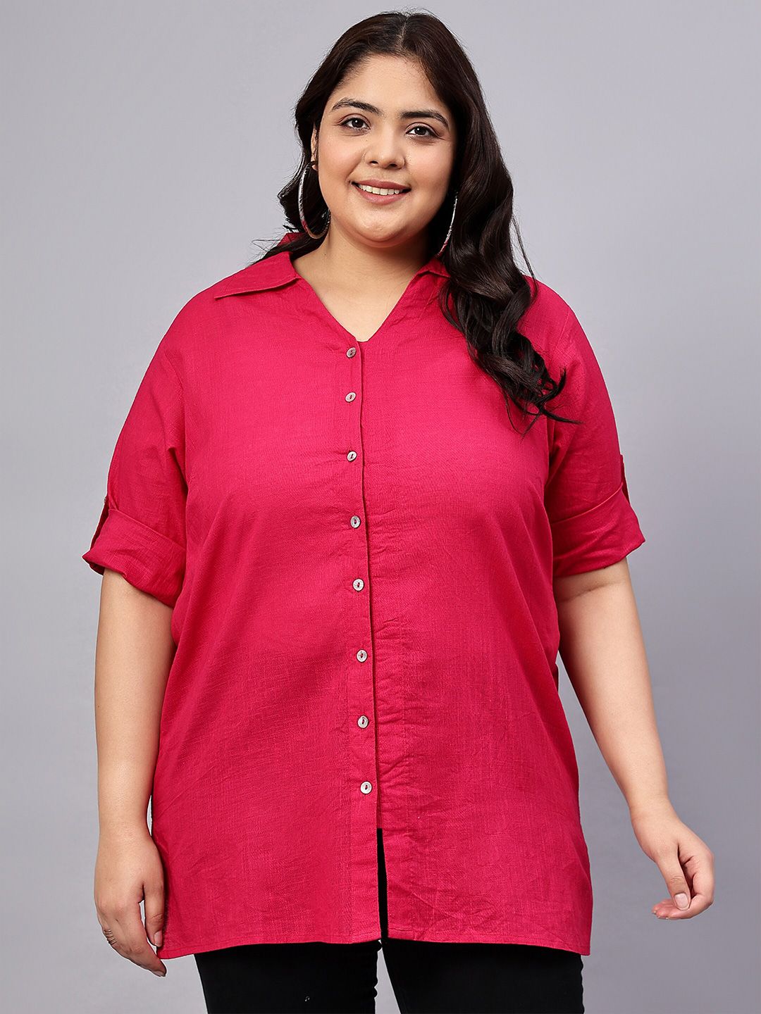 Pink Cotton Longline Plus Size Shirt — view 1