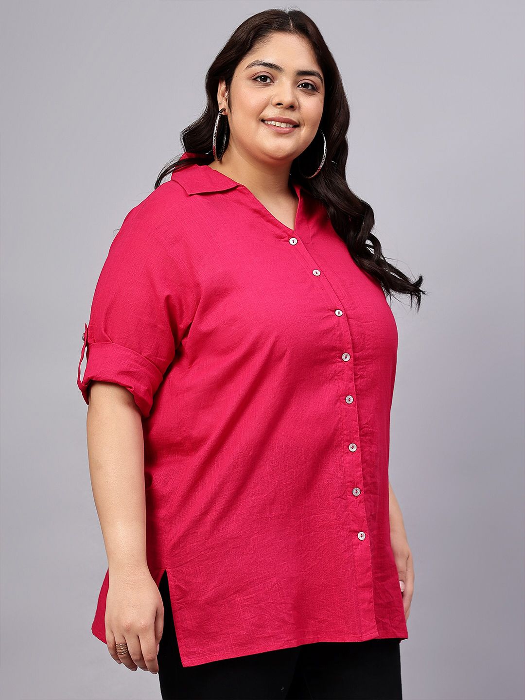 Pink Cotton Longline Plus Size Shirt — view 3