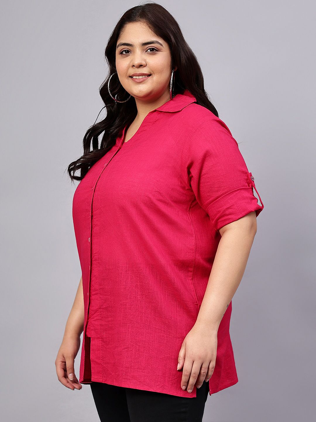 Pink Cotton Longline Plus Size Shirt — view 4