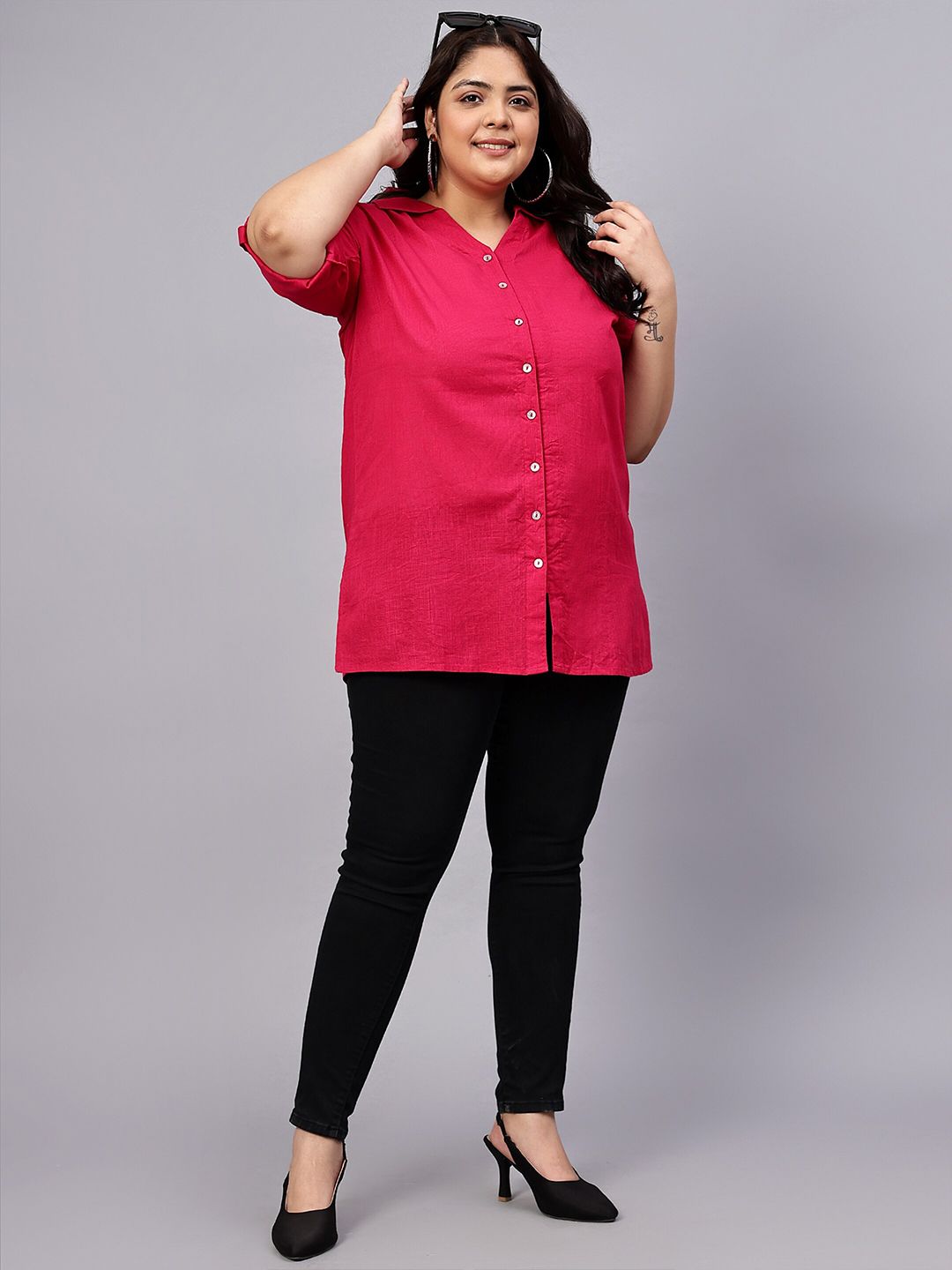 Pink Cotton Longline Plus Size Shirt — view 6