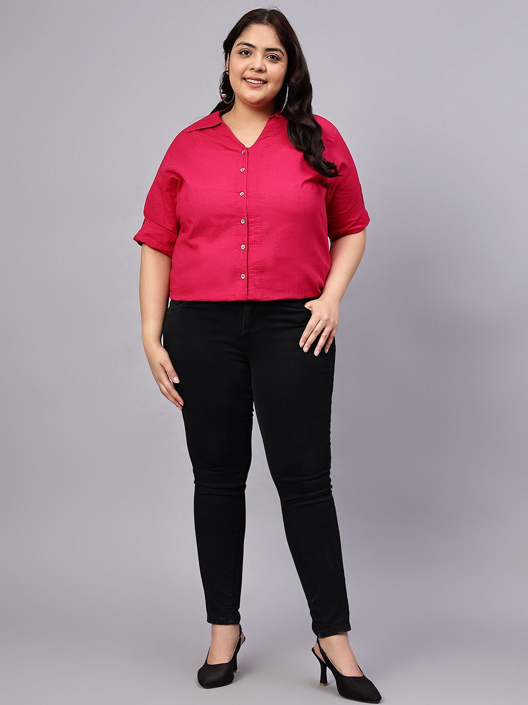 Pink Cotton Longline Plus Size Shirt — view 7