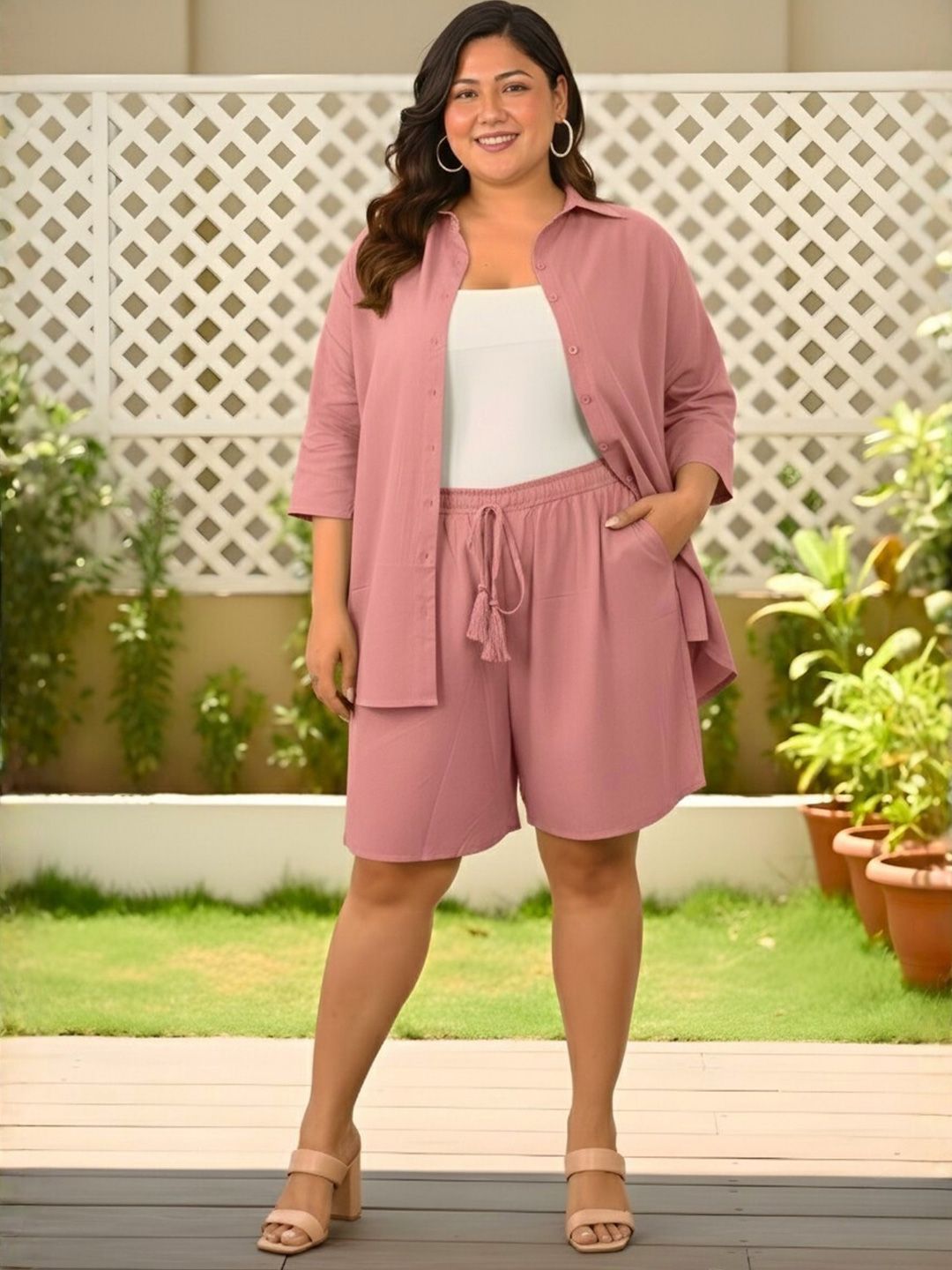 Pink Solid Shirt And Short Set — view 1