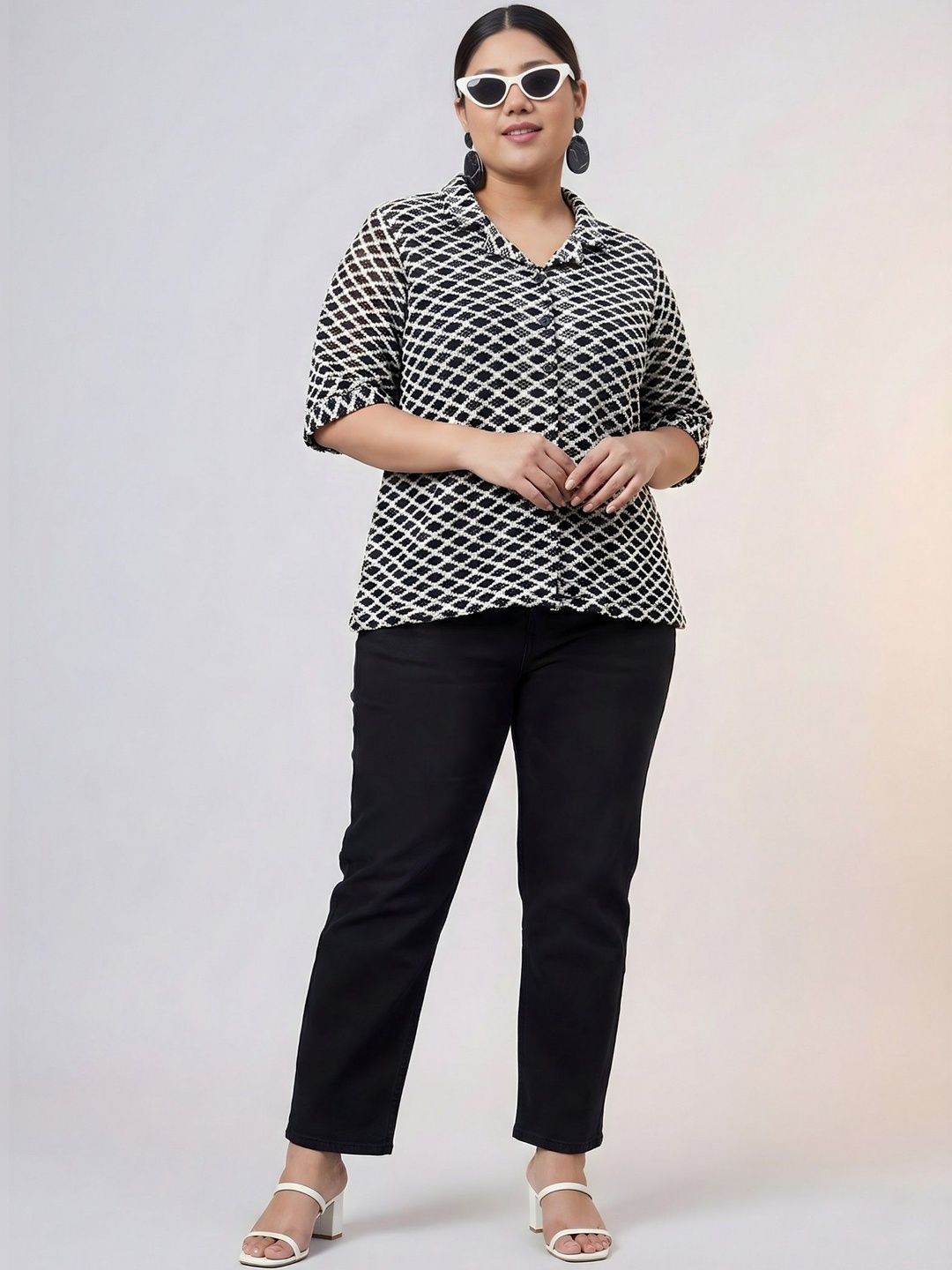 Black And White Diamond Crochet Shirt — view 5