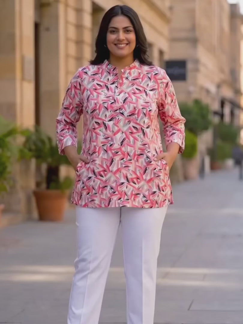 White and Pink Abstract Print Plus Size Tunic — rampwalk