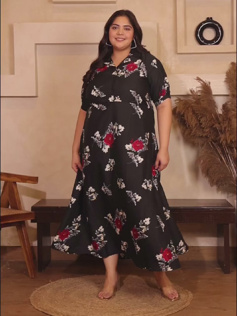 Black and Red Floral Print Plus Size Dress — rampwalk
