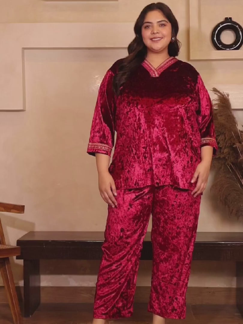 Maroon Velvet Plus Size Co Ord Set — rampwalk