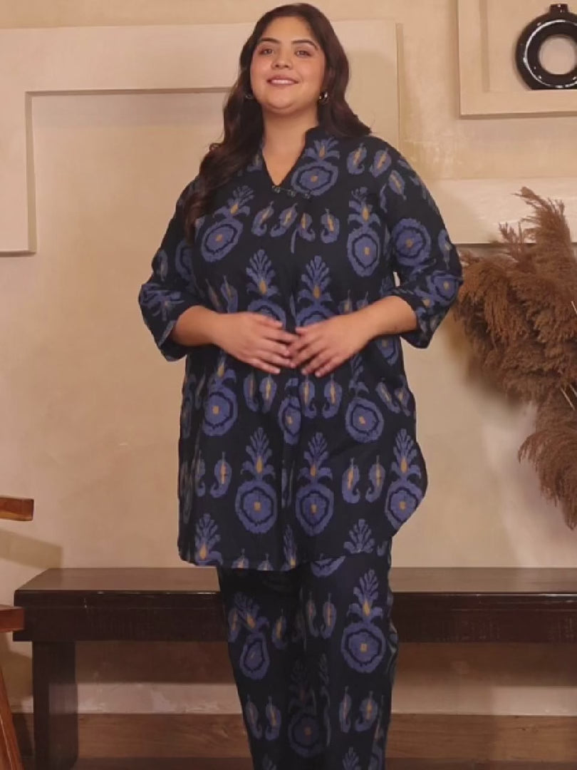 Indigo Blue Cotton Print Plus Size Co Ord Set — rampwalk
