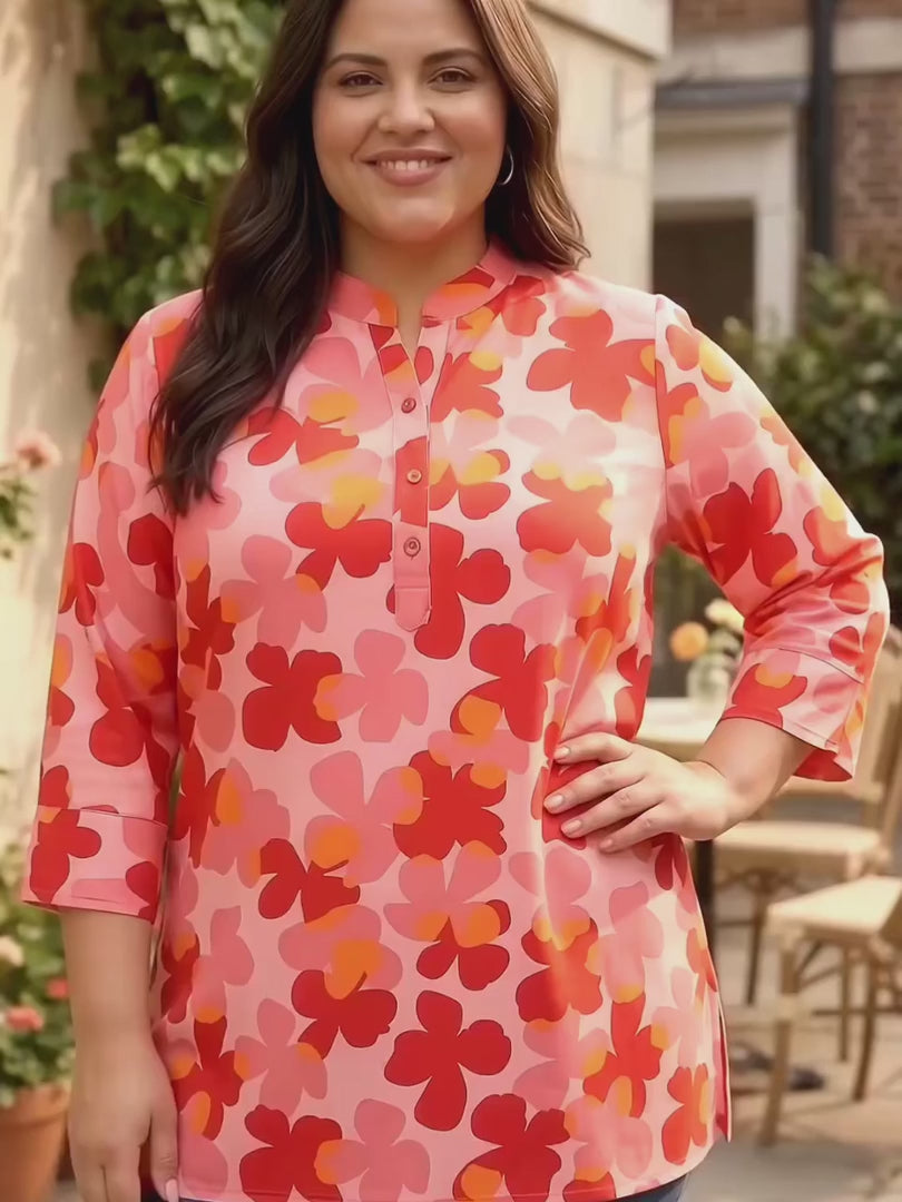 Red and Orange Floral Print Plus Size Tunic — rampwalk