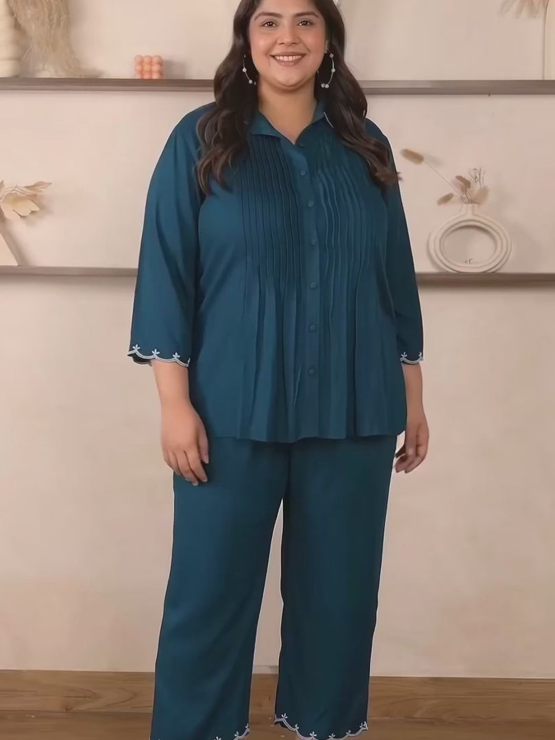 Peacock Blue Rayon Collar Embroidered Co Ord Set — rampwalk