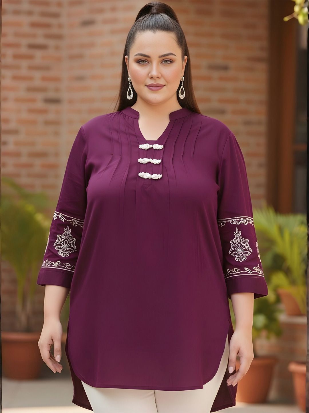 Burgundy Cotton Embroidered Tunic — view 1