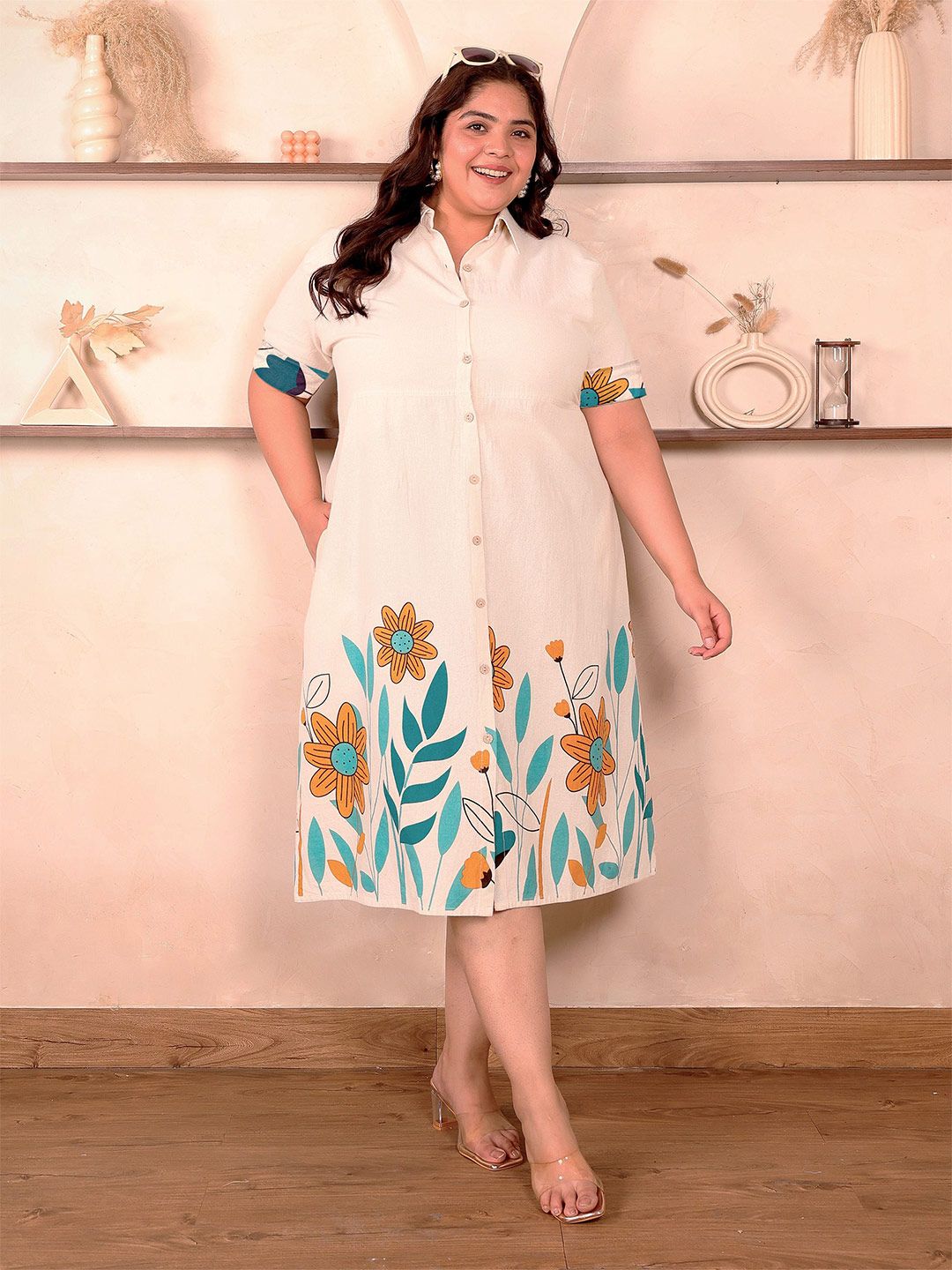 OffWhite Blue Floral Cotton Midi Dress — view 1