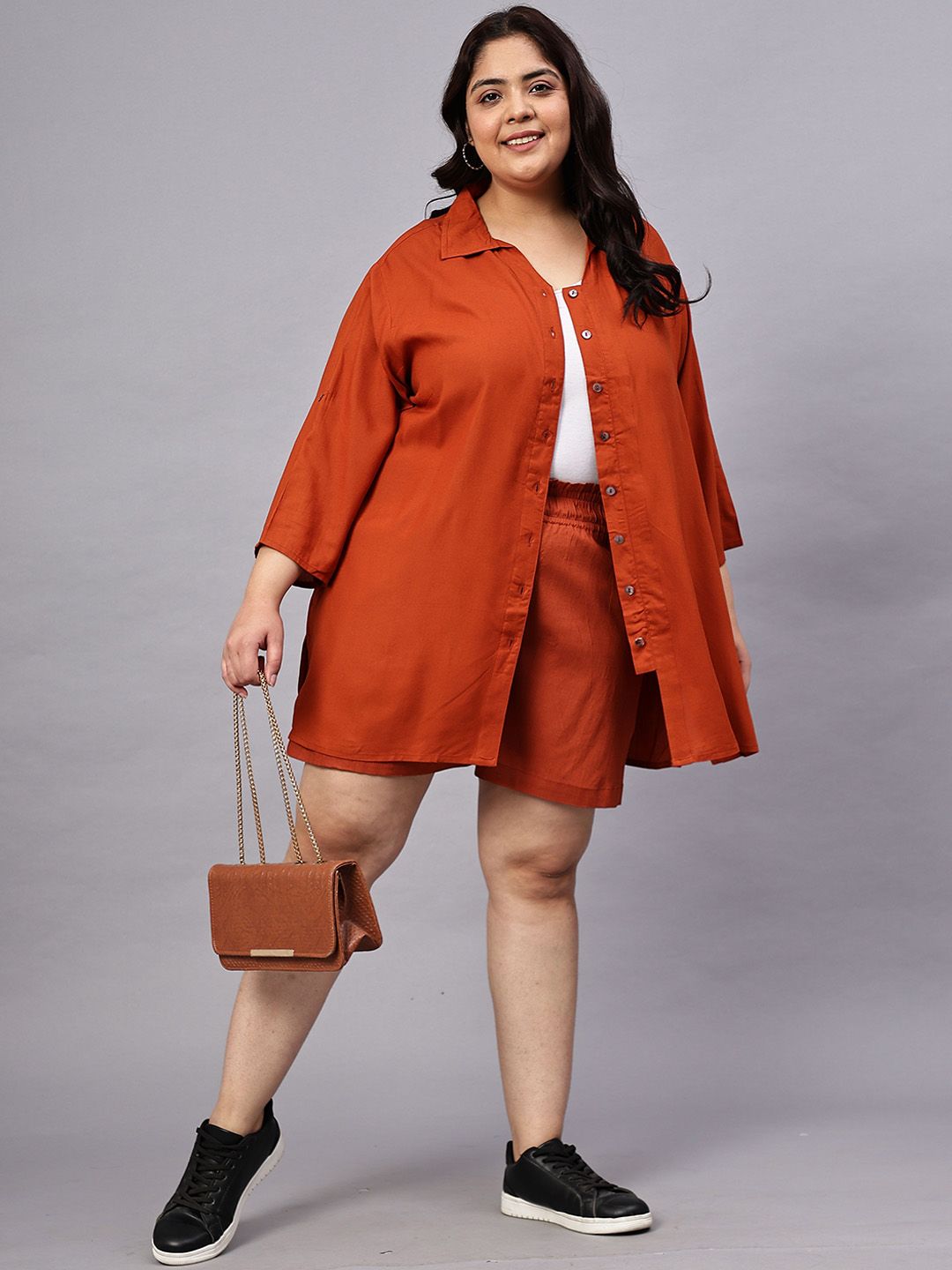 Rust Orange Solid Shirt And Short Set — view 4