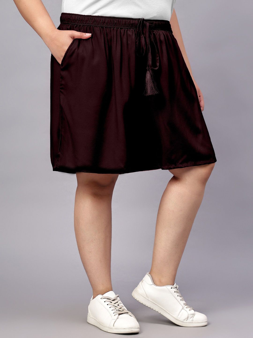 Brown Solid Plus Size Flared Shorts — view 2