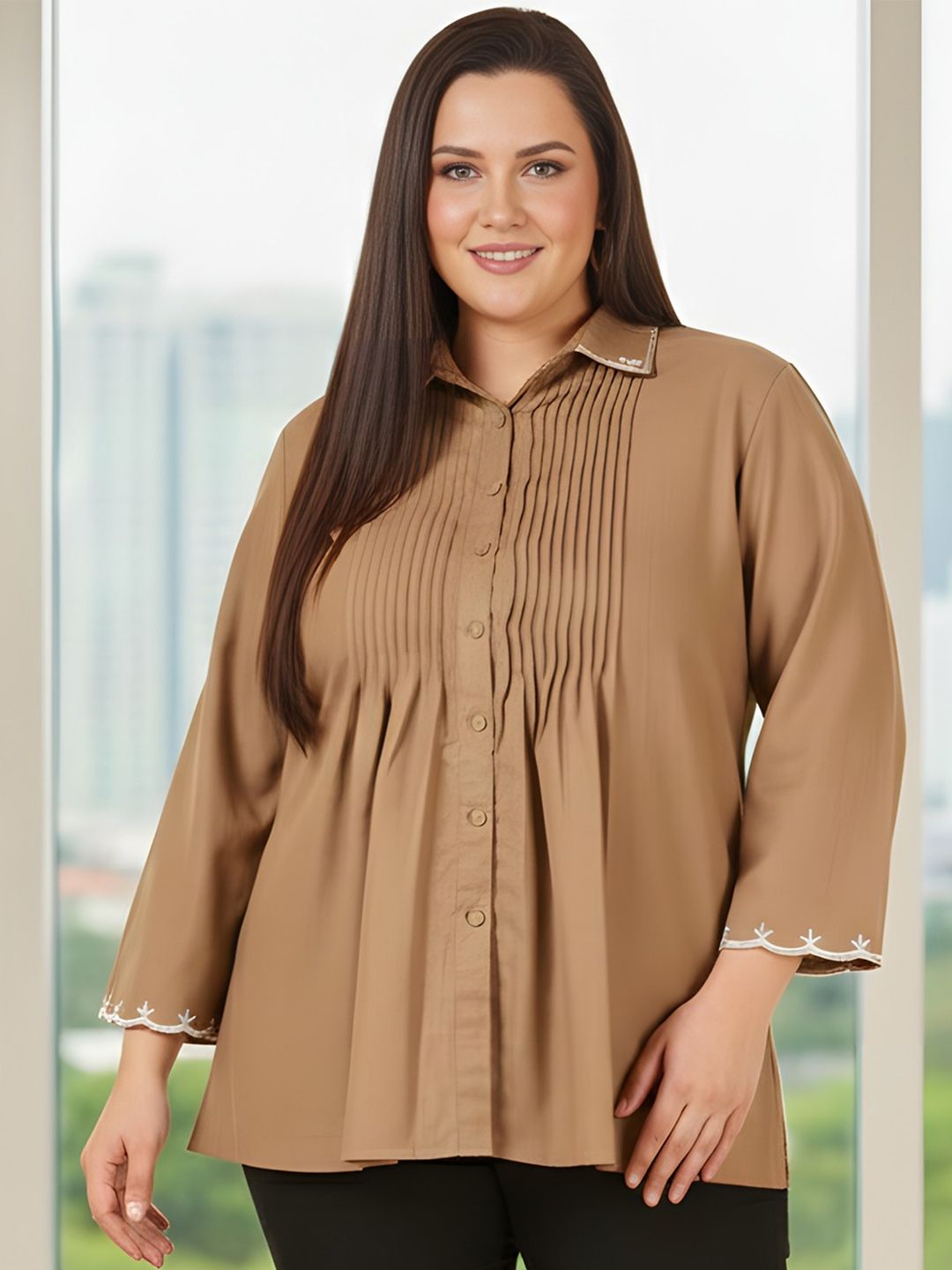 Brown Cotton Collar Embroidered Tunic — view 1