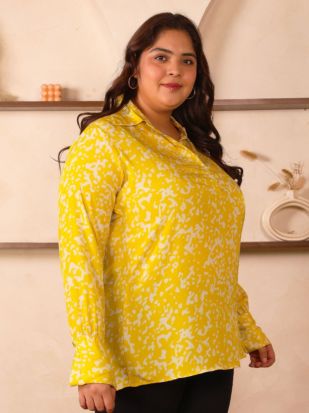 Yellow Print Satin Shirt — view 3