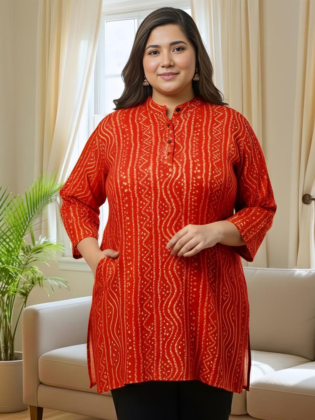 Red Bandhani Print Plus Size Tunic — view 1