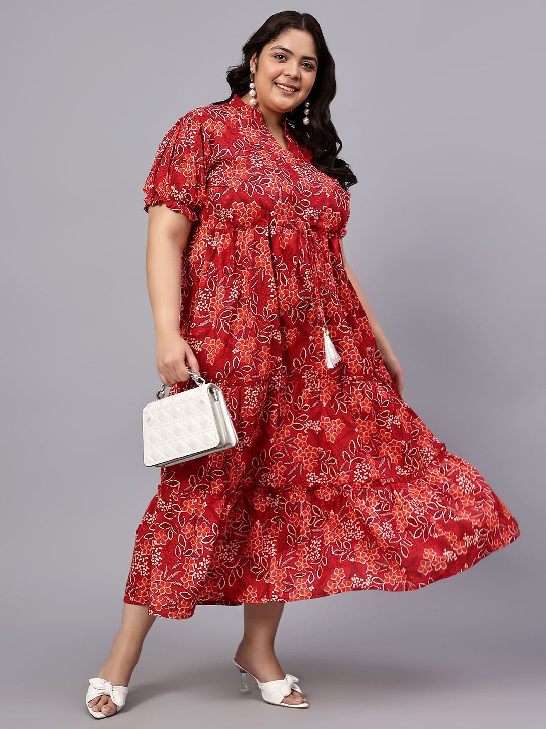 Red Floral Tiered Plus Size Dress — view 6